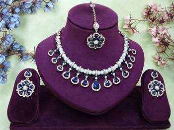 Blue yellow gold premium designer american diamond and stone work necklace set 1