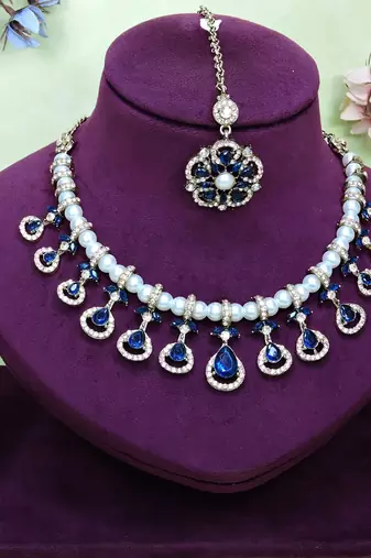 Blue yellow gold premium designer american diamond and stone work necklace set