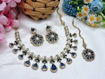 Blue yellow gold premium designer american diamond and stone work necklace set 2