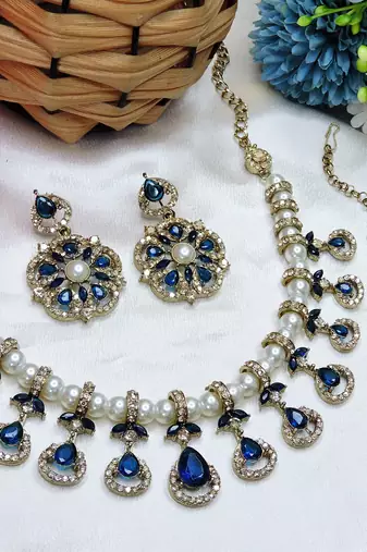 Blue yellow gold premium designer american diamond and stone work necklace set