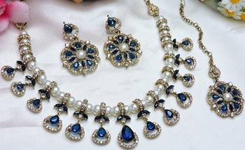 Blue yellow gold premium designer american diamond and stone work necklace set 3