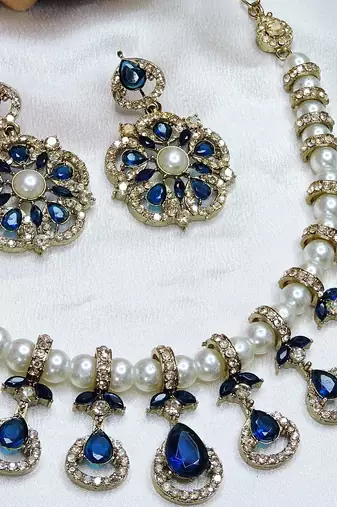 Blue yellow gold premium designer american diamond and stone work necklace set
