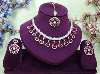 Pink yellow gold premium designer american diamond and stone work necklace set 1