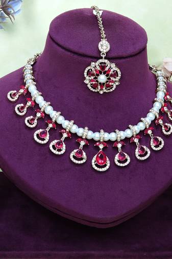 Pink yellow gold premium designer american diamond and stone work necklace set