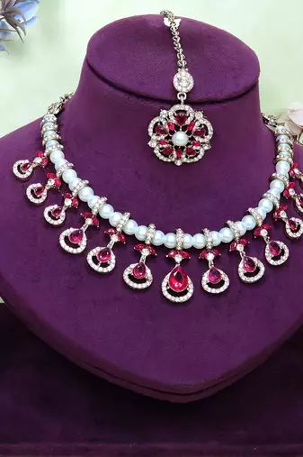 Pink yellow gold premium designer american diamond and stone work necklace set