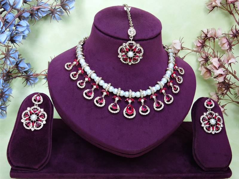 Pink yellow gold premium designer american diamond and stone work necklace set