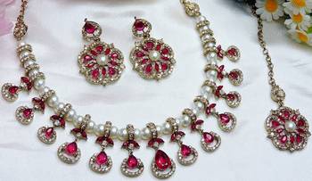 Pink yellow gold premium designer american diamond and stone work necklace set 2