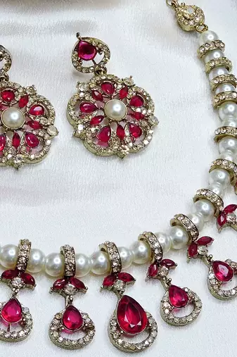 Pink yellow gold premium designer american diamond and stone work necklace set