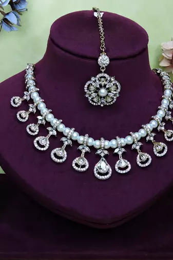 White yellow gold premium designer american diamond and stone work necklace set