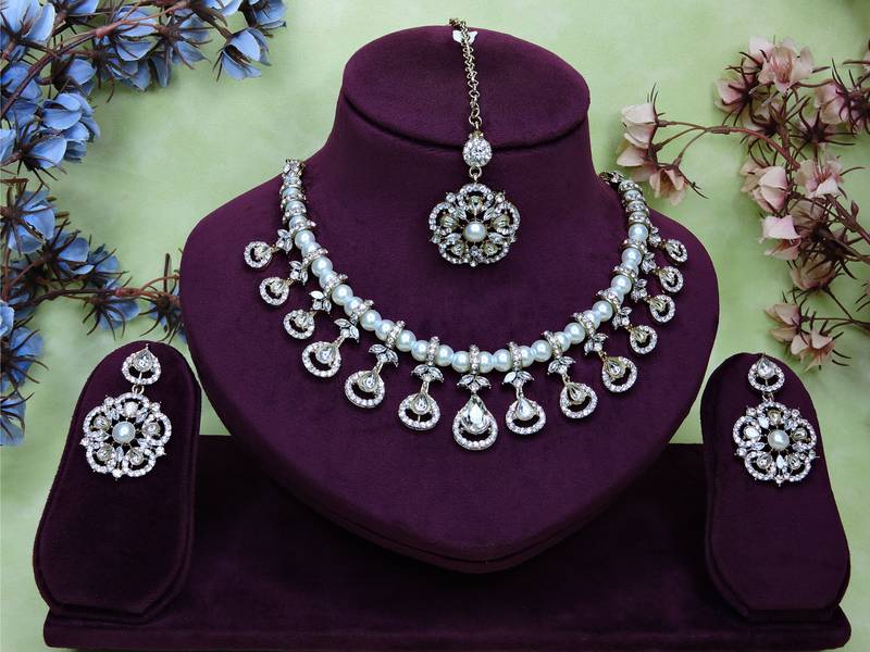 White yellow gold premium designer american diamond and stone work necklace set