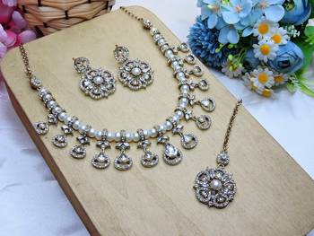 White yellow gold premium designer american diamond and stone work necklace set 2