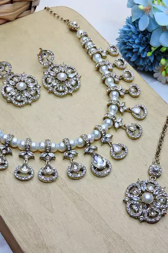 White yellow gold premium designer american diamond and stone work necklace set