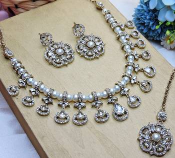 White yellow gold premium designer american diamond and stone work necklace set 3