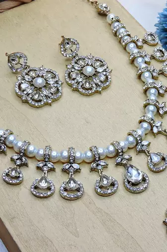 White yellow gold premium designer american diamond and stone work necklace set