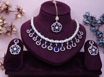Blue rose gold premium designer american diamond and stone work necklace set 1