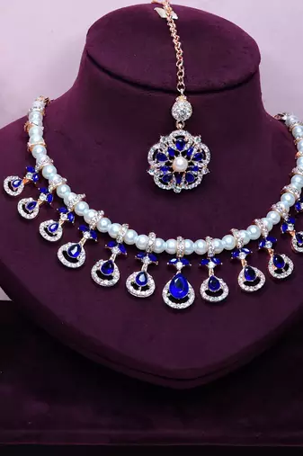 Blue rose gold premium designer american diamond and stone work necklace set