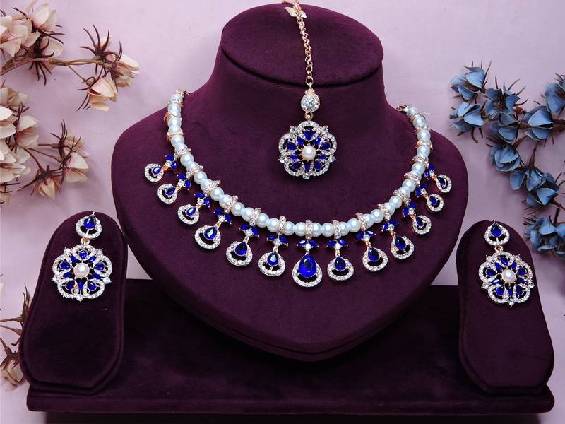 Blue rose gold premium designer american diamond and stone work necklace set