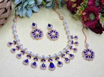 Blue rose gold premium designer american diamond and stone work necklace set 2