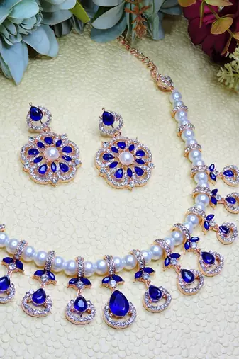 Blue rose gold premium designer american diamond and stone work necklace set