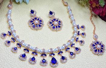 Blue rose gold premium designer american diamond and stone work necklace set 3