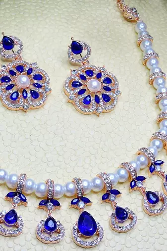 Blue rose gold premium designer american diamond and stone work necklace set