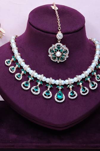 Green rose gold premium designer american diamond and stone work necklace set
