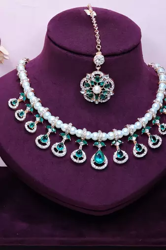 Green rose gold premium designer american diamond and stone work necklace set