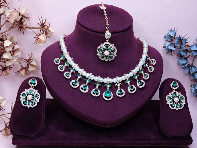 Green rose gold premium designer american diamond and stone work necklace set