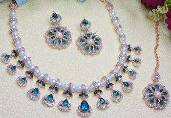 Green rose gold premium designer american diamond and stone work necklace set 2