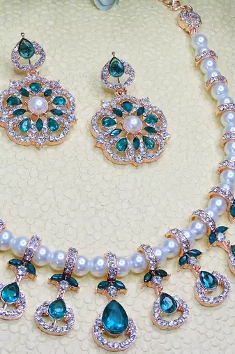 Green rose gold premium designer american diamond and stone work necklace set