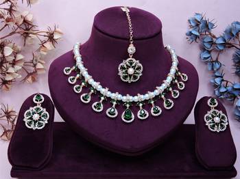 Green rose gold premium designer american diamond and stone work necklace set 1