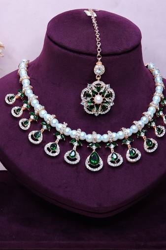 Green rose gold premium designer american diamond and stone work necklace set