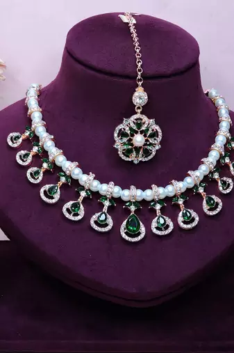 Green rose gold premium designer american diamond and stone work necklace set