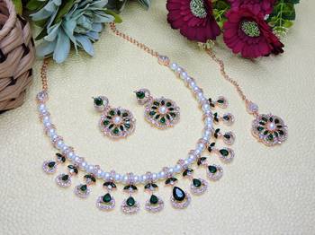 Green rose gold premium designer american diamond and stone work necklace set 2