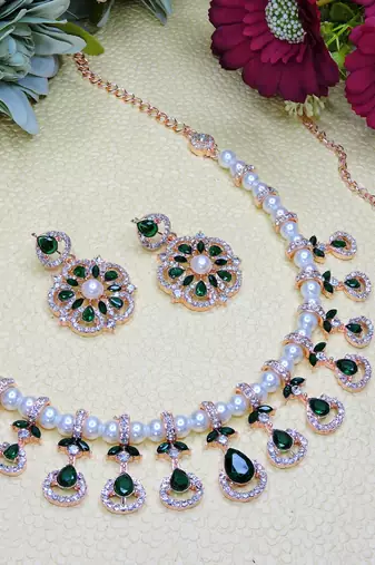 Green rose gold premium designer american diamond and stone work necklace set