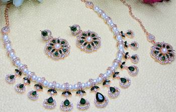 Green rose gold premium designer american diamond and stone work necklace set 3