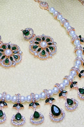 Green rose gold premium designer american diamond and stone work necklace set