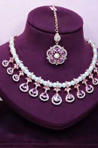 Purple rose gold premium designer american diamond and stone work necklace set