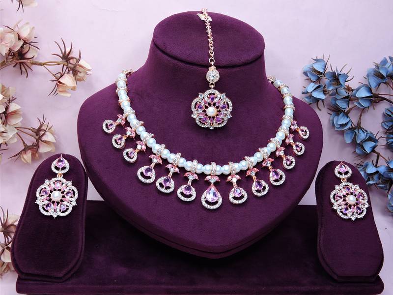 Purple rose gold premium designer american diamond and stone work necklace set