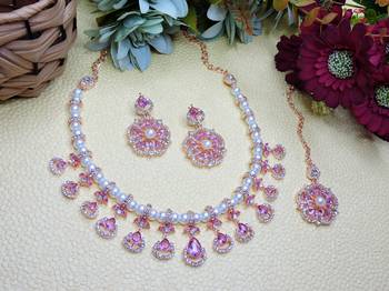 Purple rose gold premium designer american diamond and stone work necklace set 2