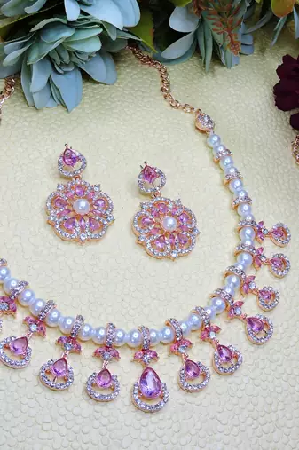 Purple rose gold premium designer american diamond and stone work necklace set