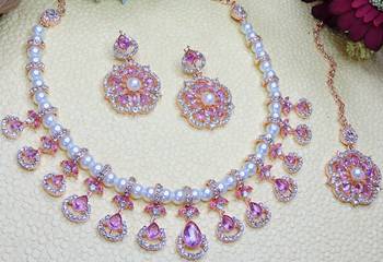 Purple rose gold premium designer american diamond and stone work necklace set 3