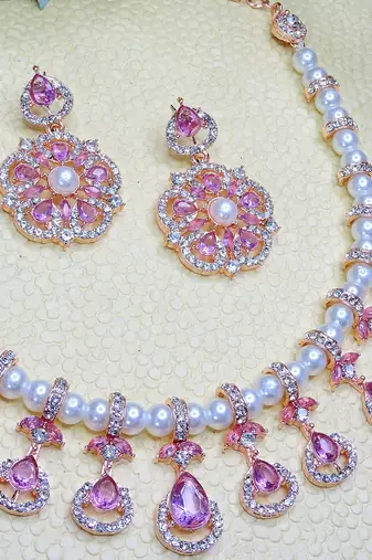 Purple rose gold premium designer american diamond and stone work necklace set