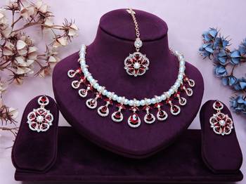 Maroon rose gold premium designer american diamond and stone work necklace set 1