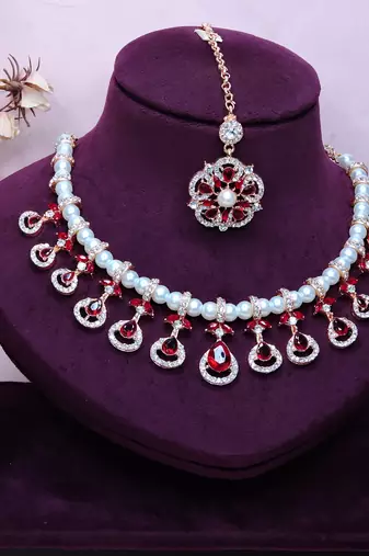 Maroon rose gold premium designer american diamond and stone work necklace set