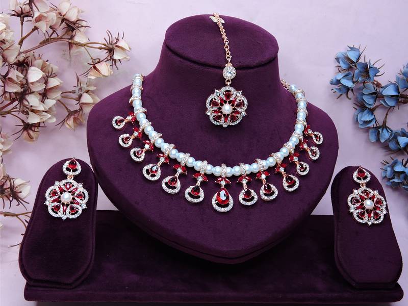 Maroon rose gold premium designer american diamond and stone work necklace set