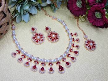 Maroon rose gold premium designer american diamond and stone work necklace set 2
