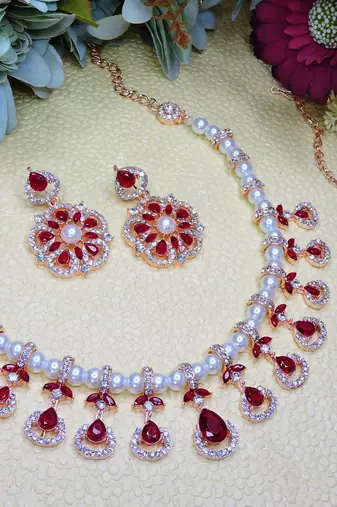 Maroon rose gold premium designer american diamond and stone work necklace set