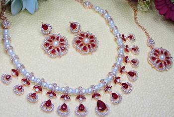 Maroon rose gold premium designer american diamond and stone work necklace set 3