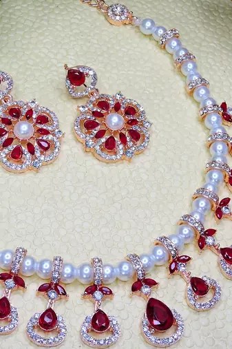 Maroon rose gold premium designer american diamond and stone work necklace set